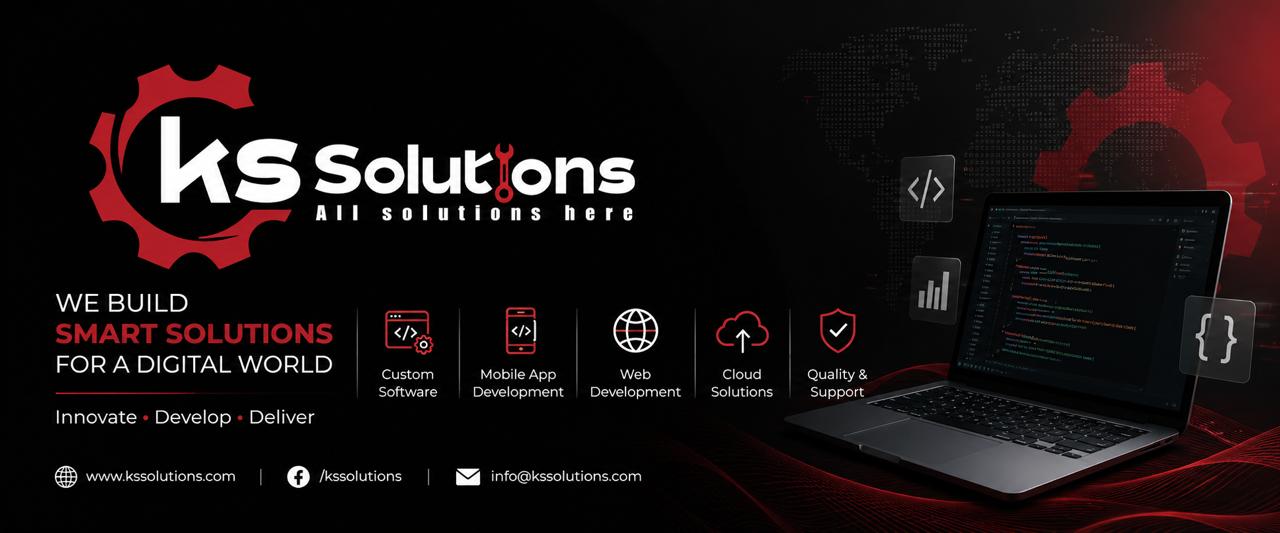 A futuristic technology-themed banner highlighting KS Solution's expertise in custom software development, responsive web applications, mobile app development, UI/UX design, and scalable business solutions.